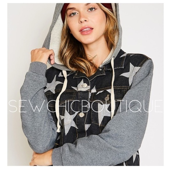 Star Printed Denim Sweatshirt Hoodie Jacket - Picture 1 of 6